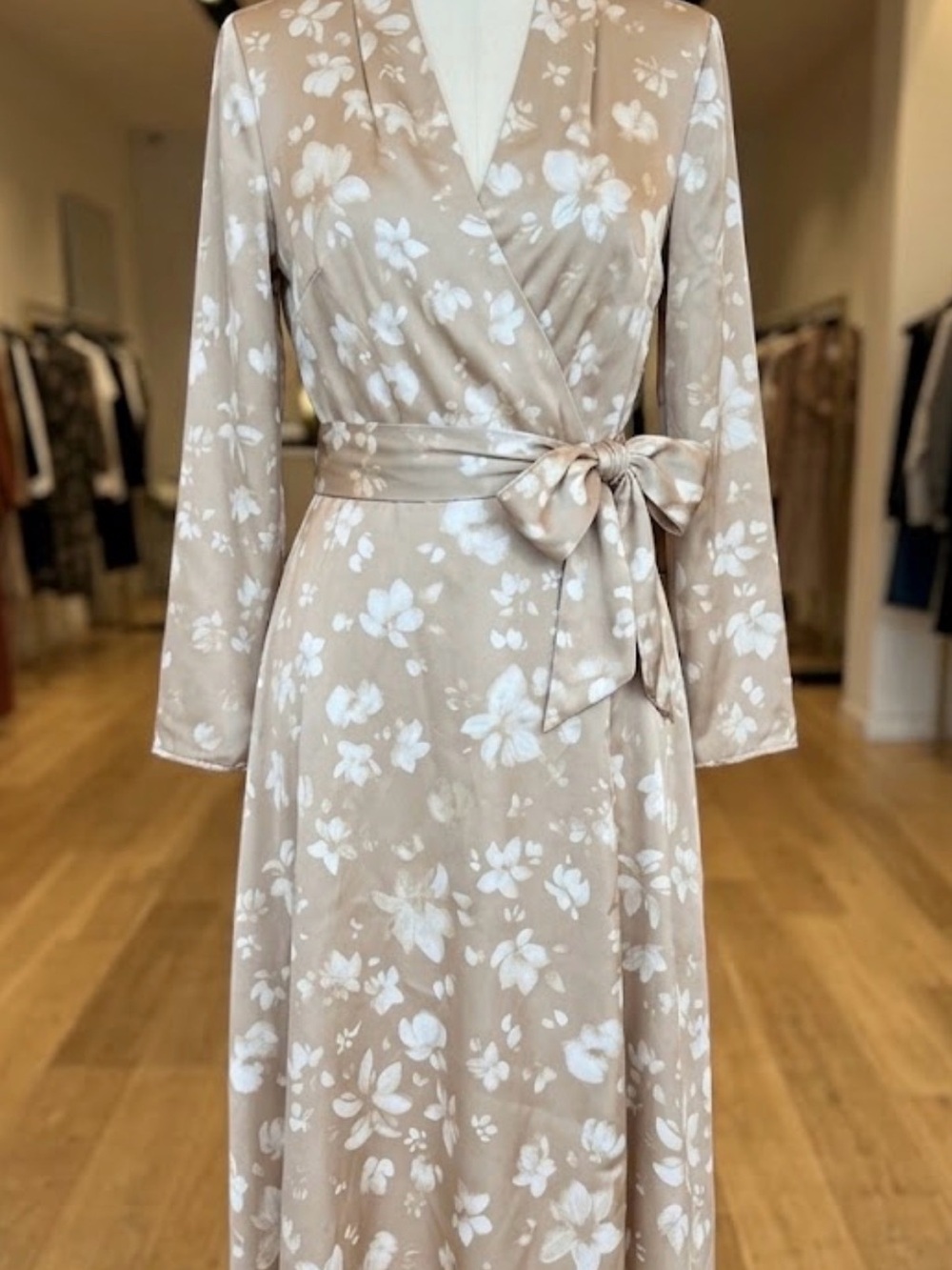Nordstrom Taupe Floral Wrap Dress with White Floral Print